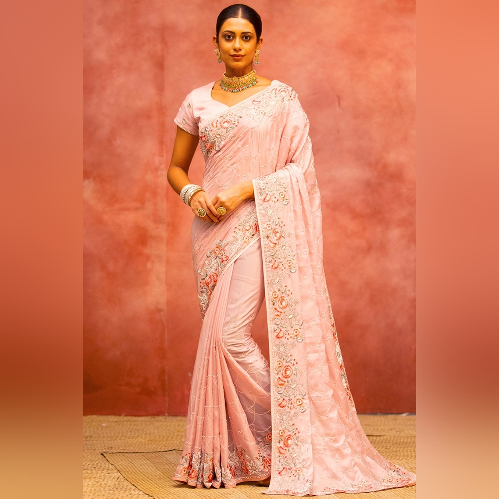 Ready-to-wear/ pre-stitched saree, light pink